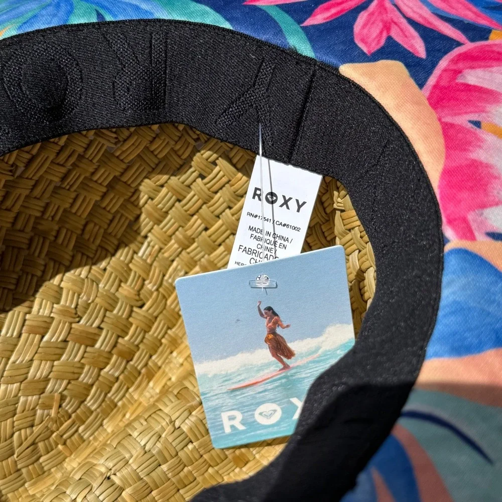 NWT Roxy Girls Pina To My Colada Straw Panama Hat Wide Brim Floral Beach Sun Hat